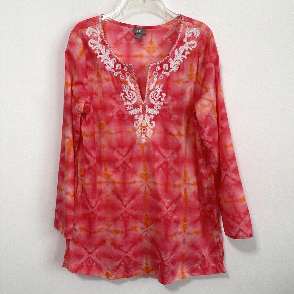 J Jill‎ Tunic Top M Embroidered Pink Tie Dye Beachy Cover Up Shirt Lightweight
